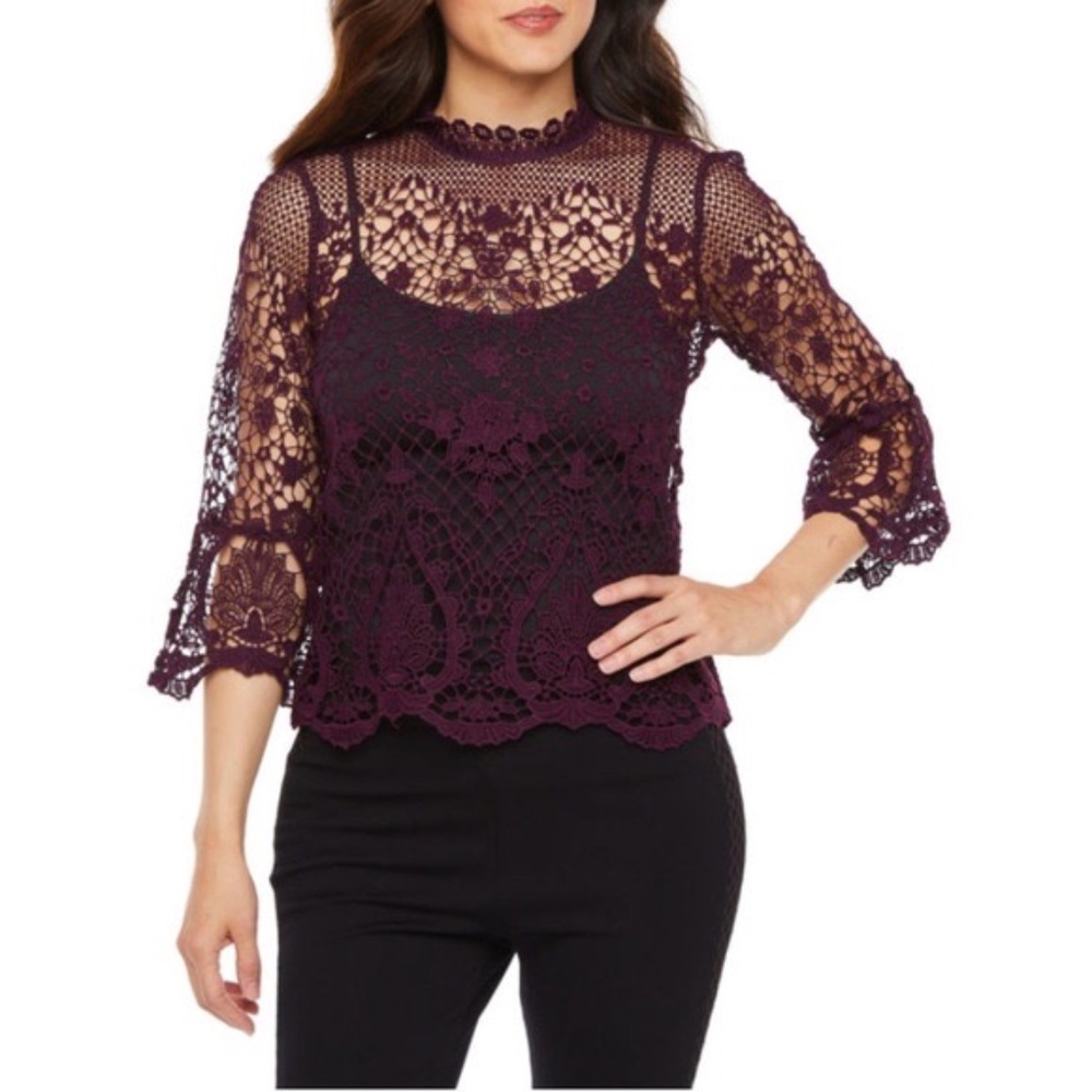 Bold Elements Lace Blouse Exposed Back Zipper 3/4… - image 1